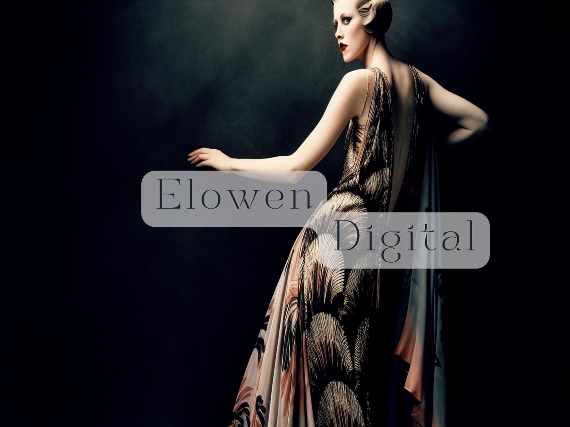 Art Deco Woman in Black and Blush Feathered Gown Night Poster - Image 4