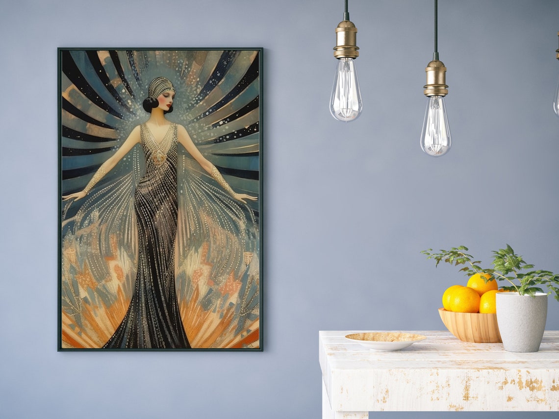 Vintage Erté Inspired Flapper in Beaded Gown with Starburst Poster - Image 3