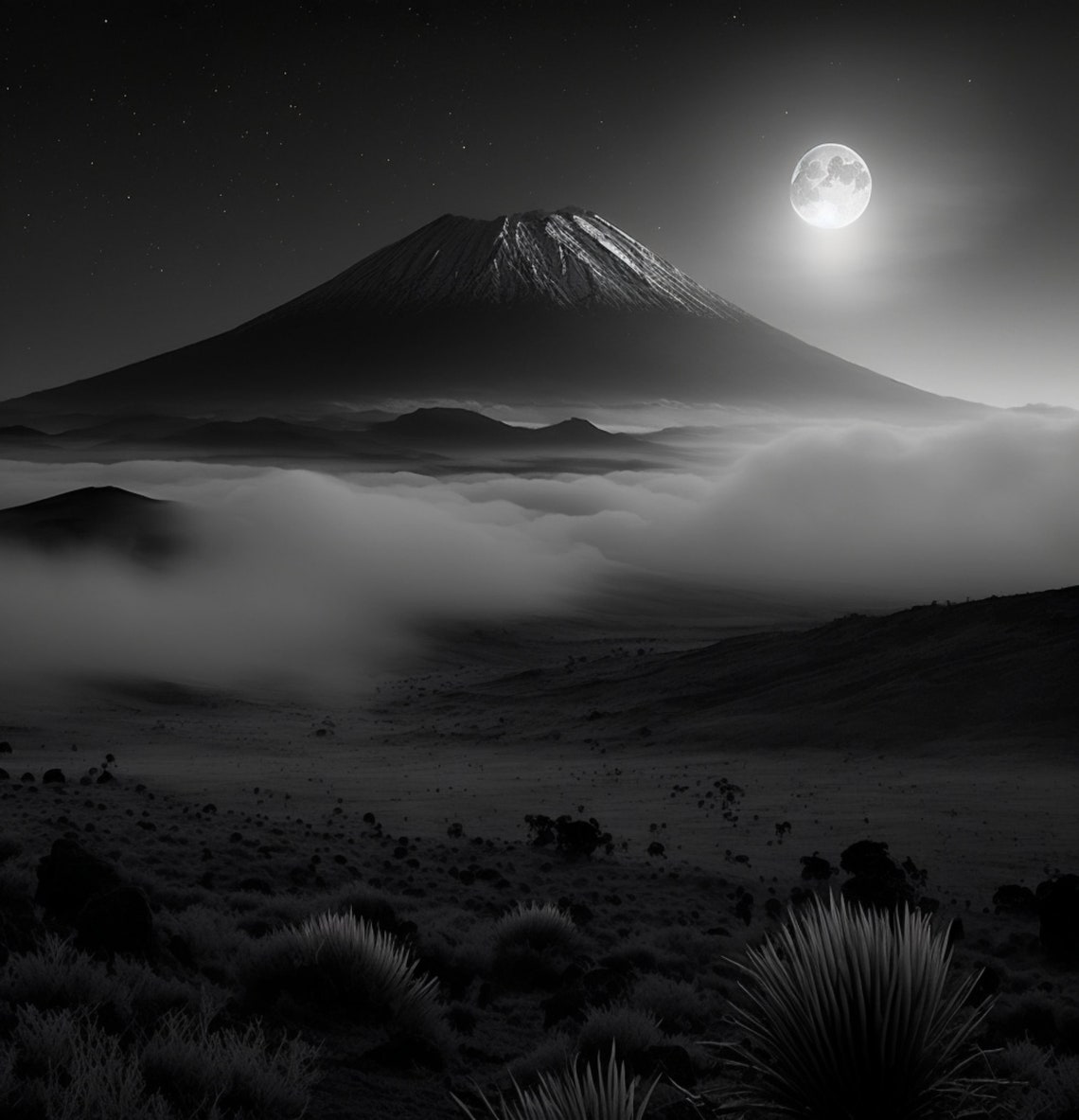 Black And White Prints Misty Mountain Wall Art Mountains Art Mount Kilimanjaro In The Moonlight - Image 4