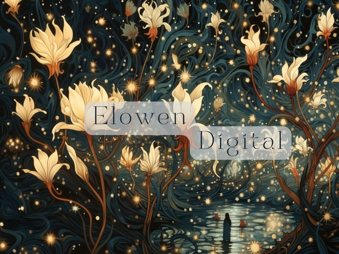 White Night Blooming Lilies Midnight Blue Starry Sky Wall Art - Image 6