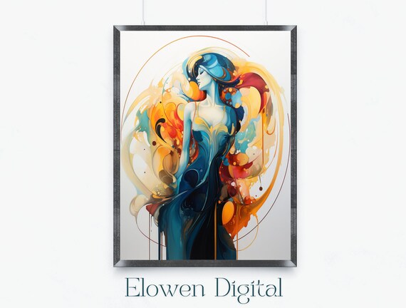 Art Nouveau Woman in Swirling Blue and Flame Orange Wall Poster