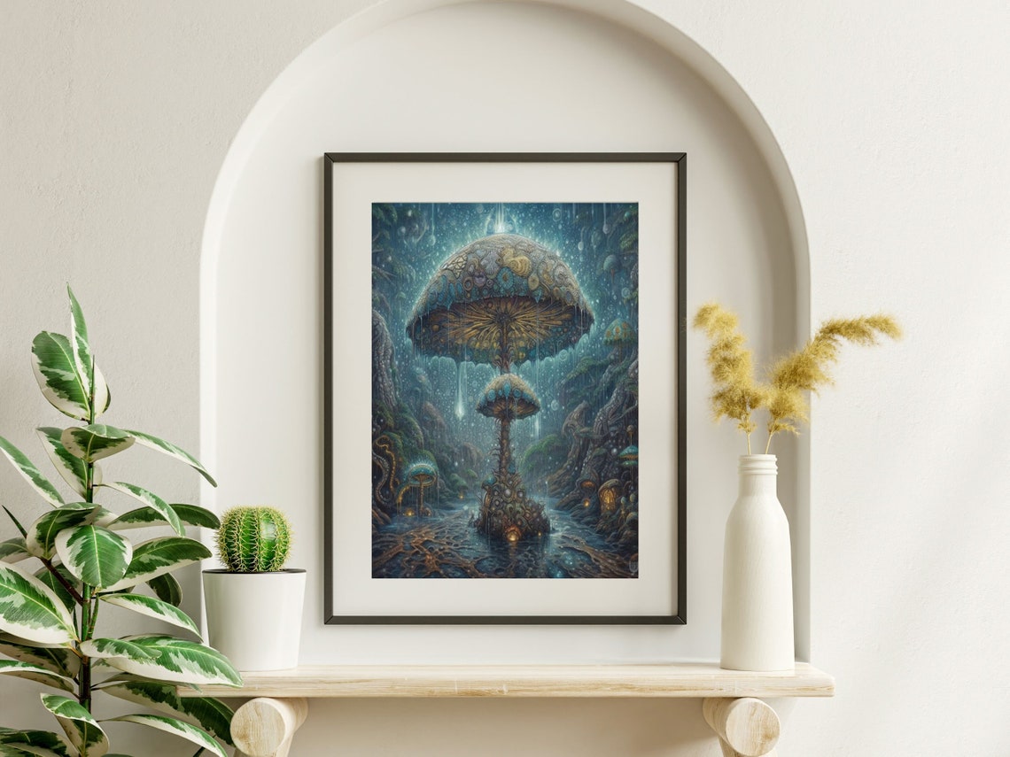 Giant Glowing Magic Mushroom In The Rain Dark Indigo Forest Wall Art - Image 5