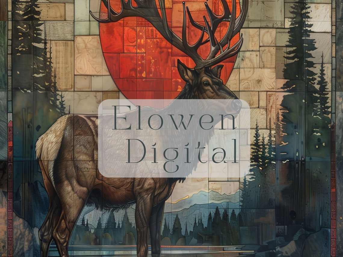 Dramatic Art Deco Elk Red Sunset Mosaic Forest Wildlife Wall Art - Image 5