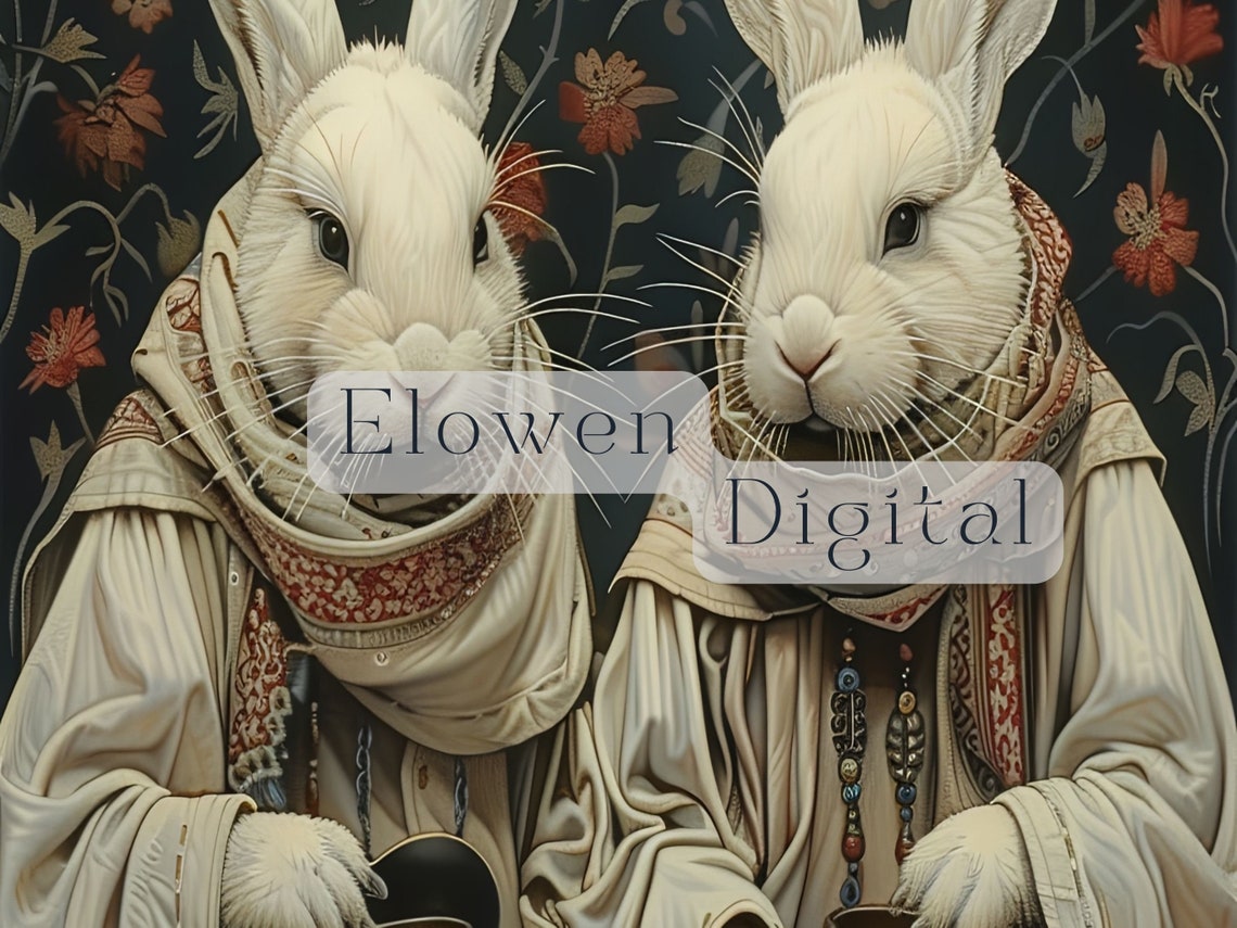 Two White Rabbits In Monk Robes Holding Clay Pots Floral Wall Art - Image 3
