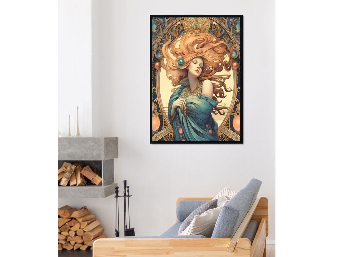 Red Haired Beauty In Teal Gown With Flowing Hair Art Nouveau Wall Art - Image 6