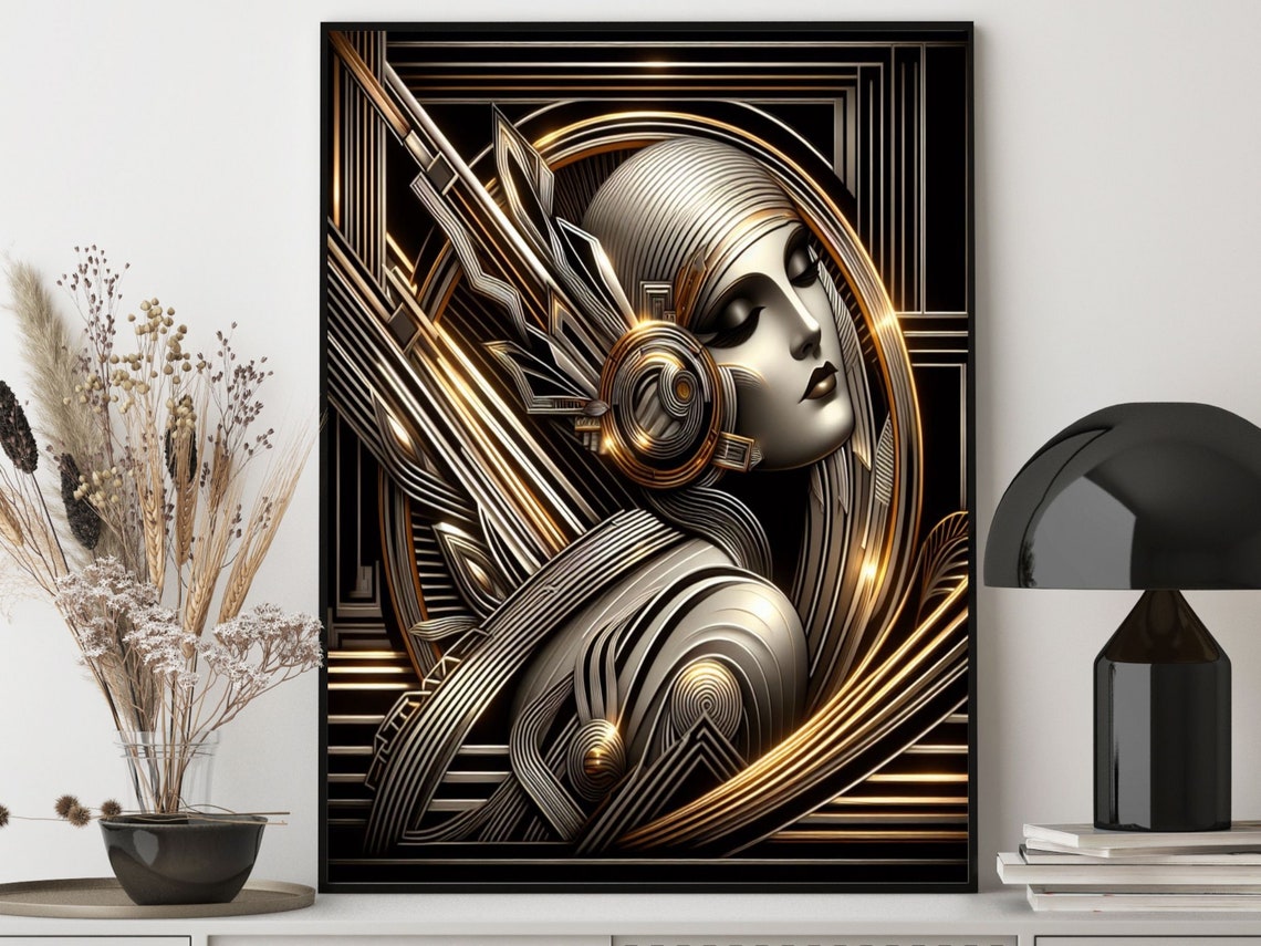 Neo Art Deco Woman in Black and Gold Geometric Profile Poster - Image 2