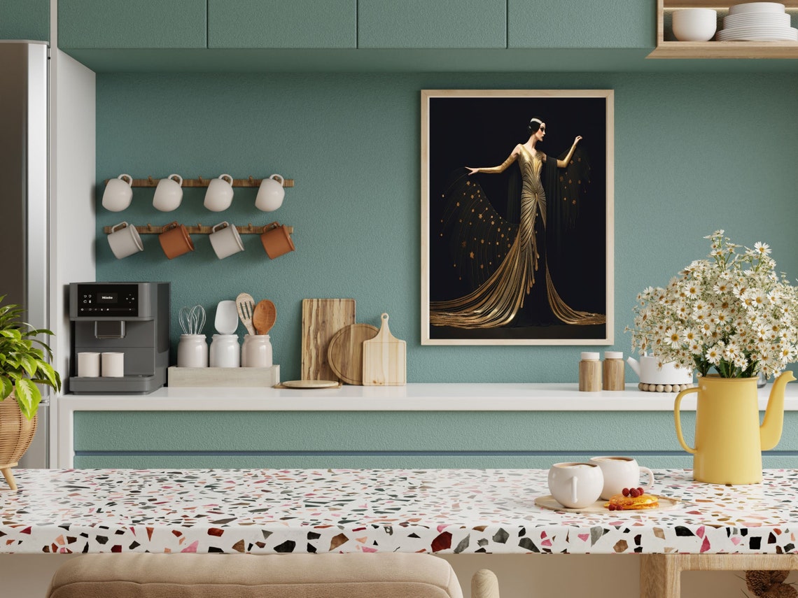 Art Deco Gold Dancer With Starry Train Against Black Night Poster - Image 2
