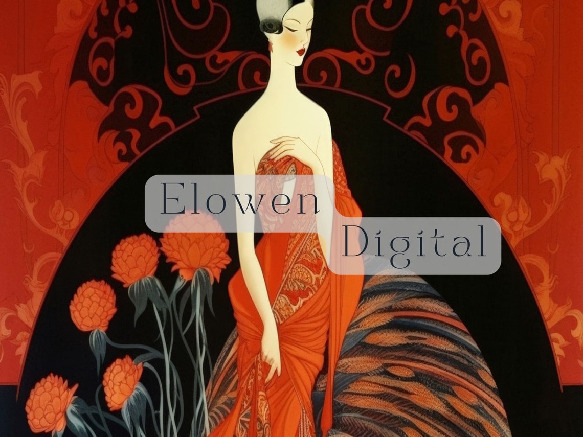 Art Deco Woman in Red Gown With a Sweeping Feathered Train Poster - Image 4