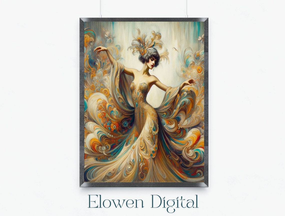 Art Nouveau Dancer in a Swirling Peacock Feather Gown Poster