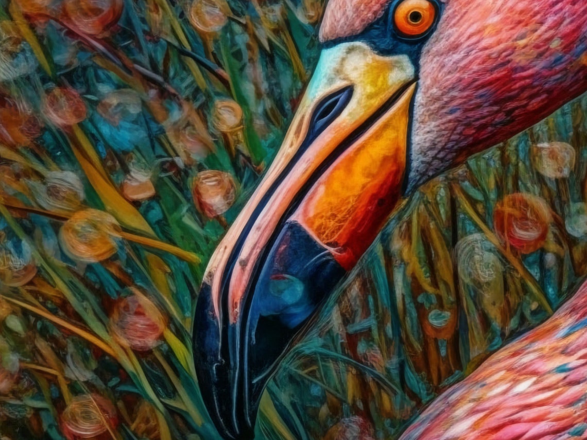 Pink Flamingo Portrait Close Up With Sparkling Golden Bokeh Wall Art - Image 2