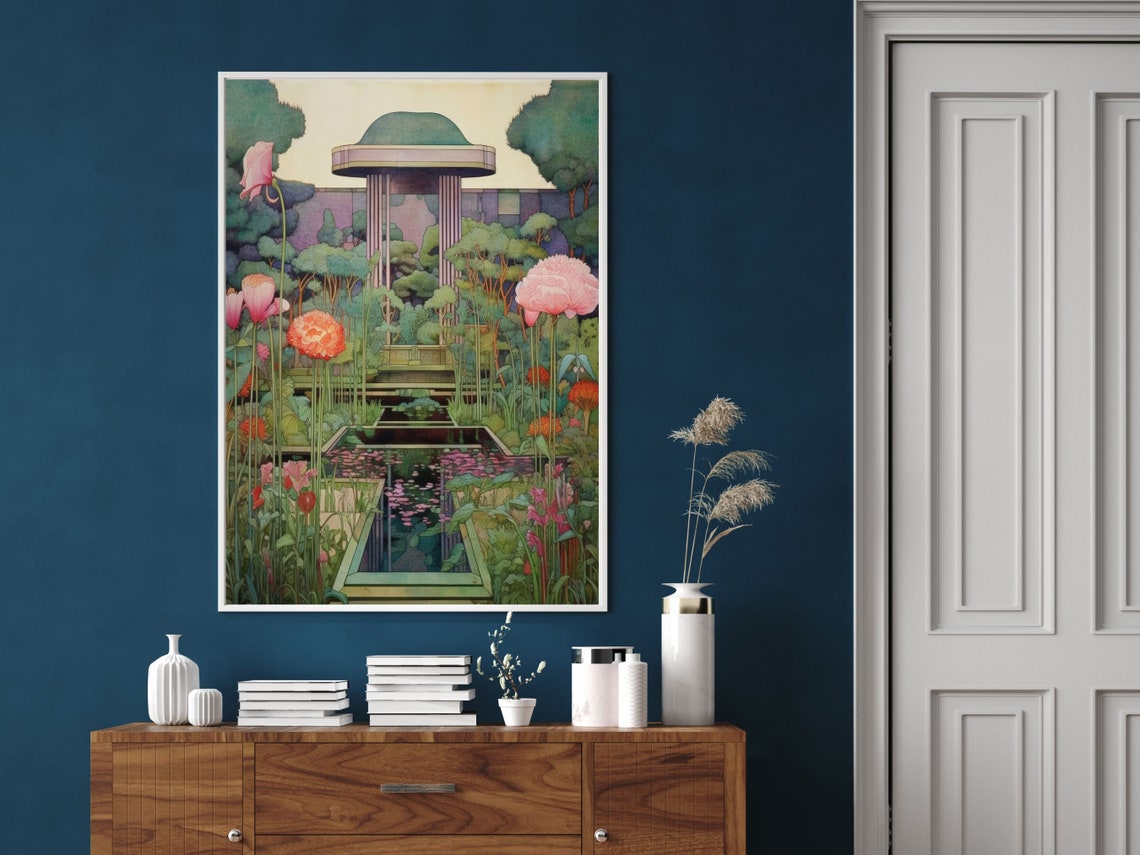 Frank Lloyd Wright Style Garden Pagoda Lotus Pond Design Wall Art - Image 5