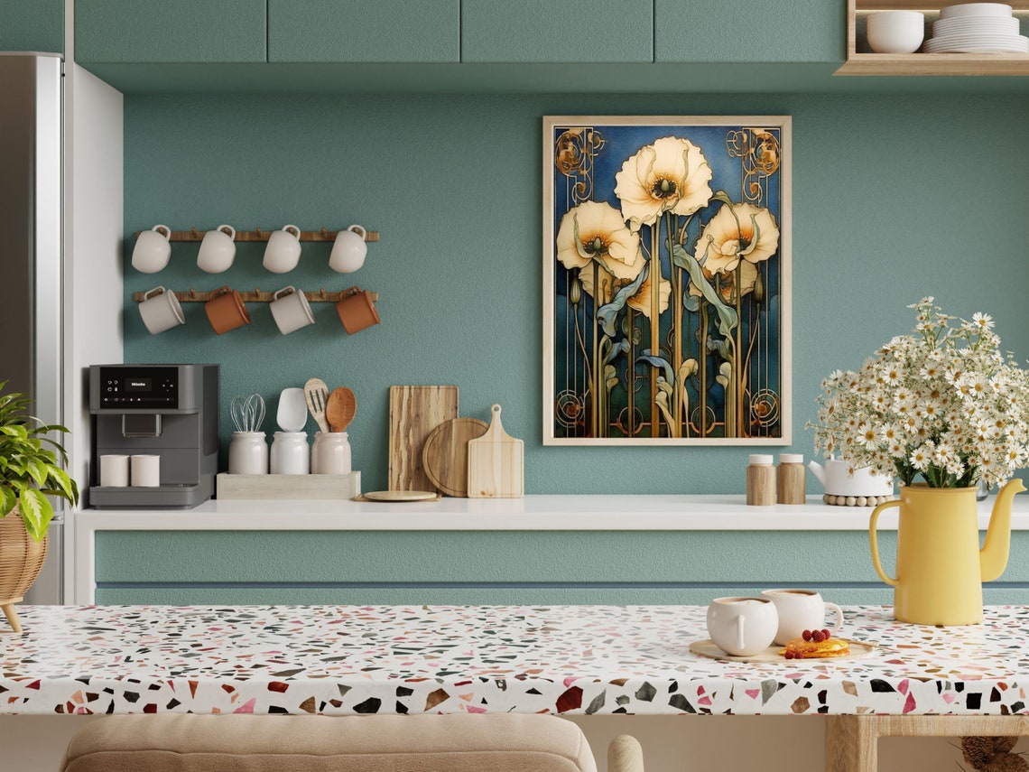 Art Nouveau Pale Poppies On Deep Blue Floral Design Wall Art - Image 3