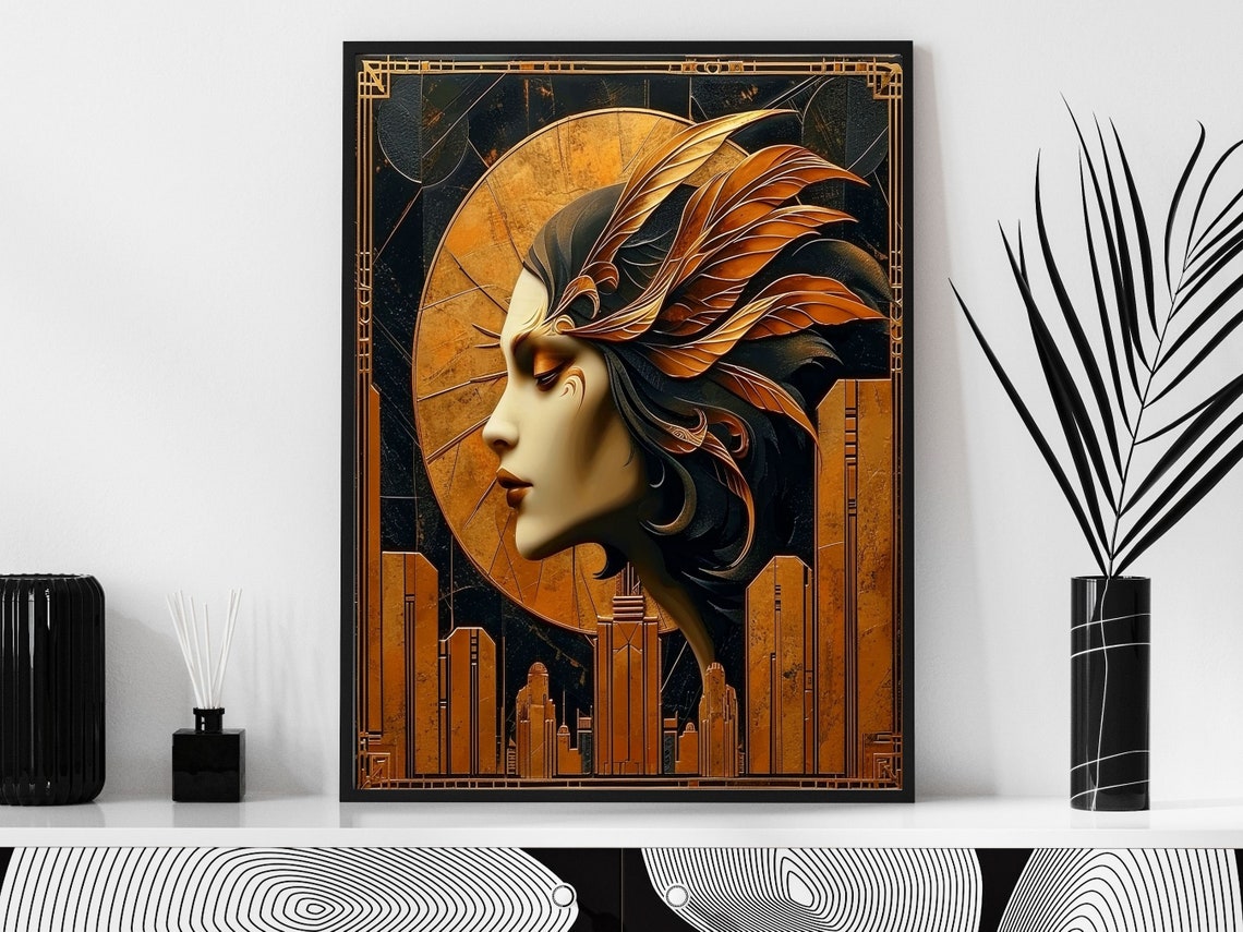 Art Deco Woman Profile With Feather Headdress Over City Poster - Image 6