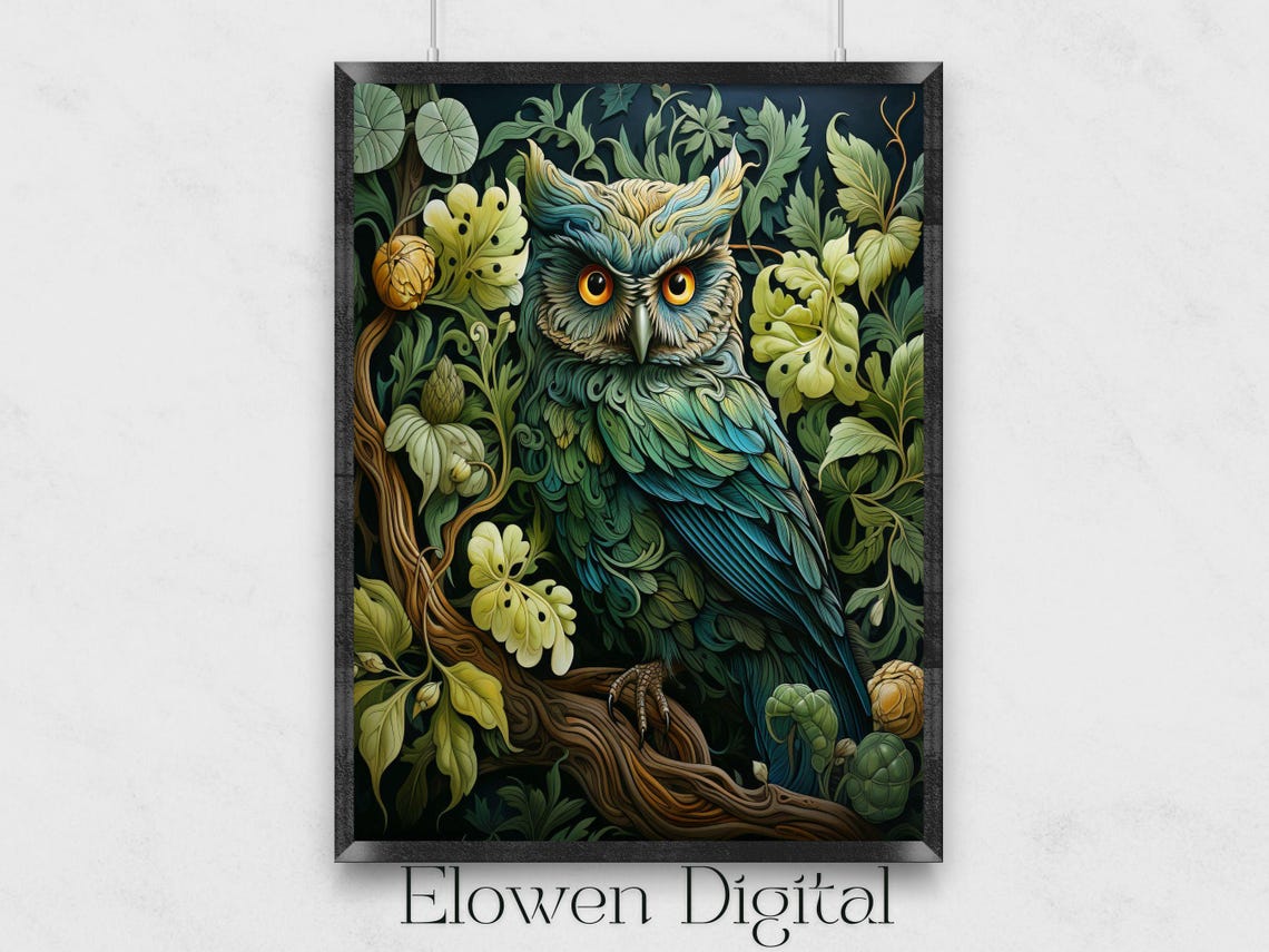 Charming William Morris Style Owl Botanical Garden Wall Poster
