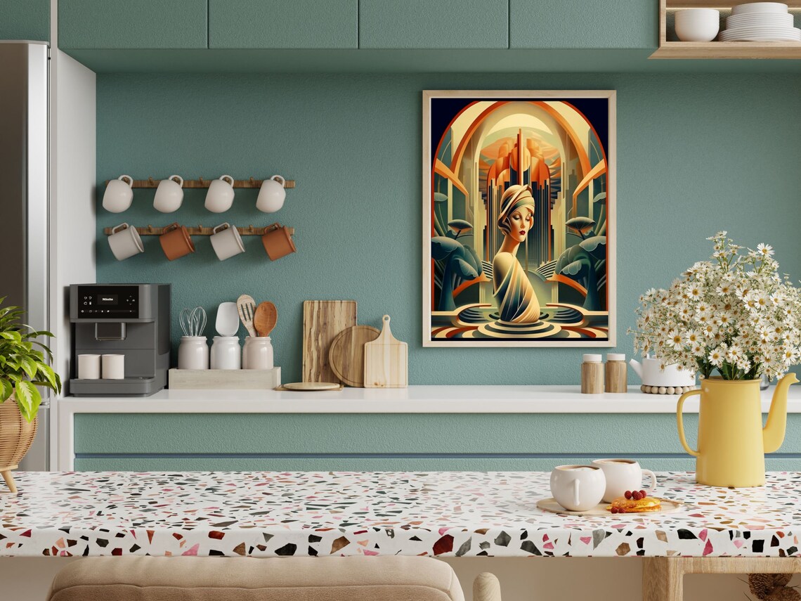 Art Deco Woman Portrait in Golden Retro Futurist City Arches Poster - Image 2
