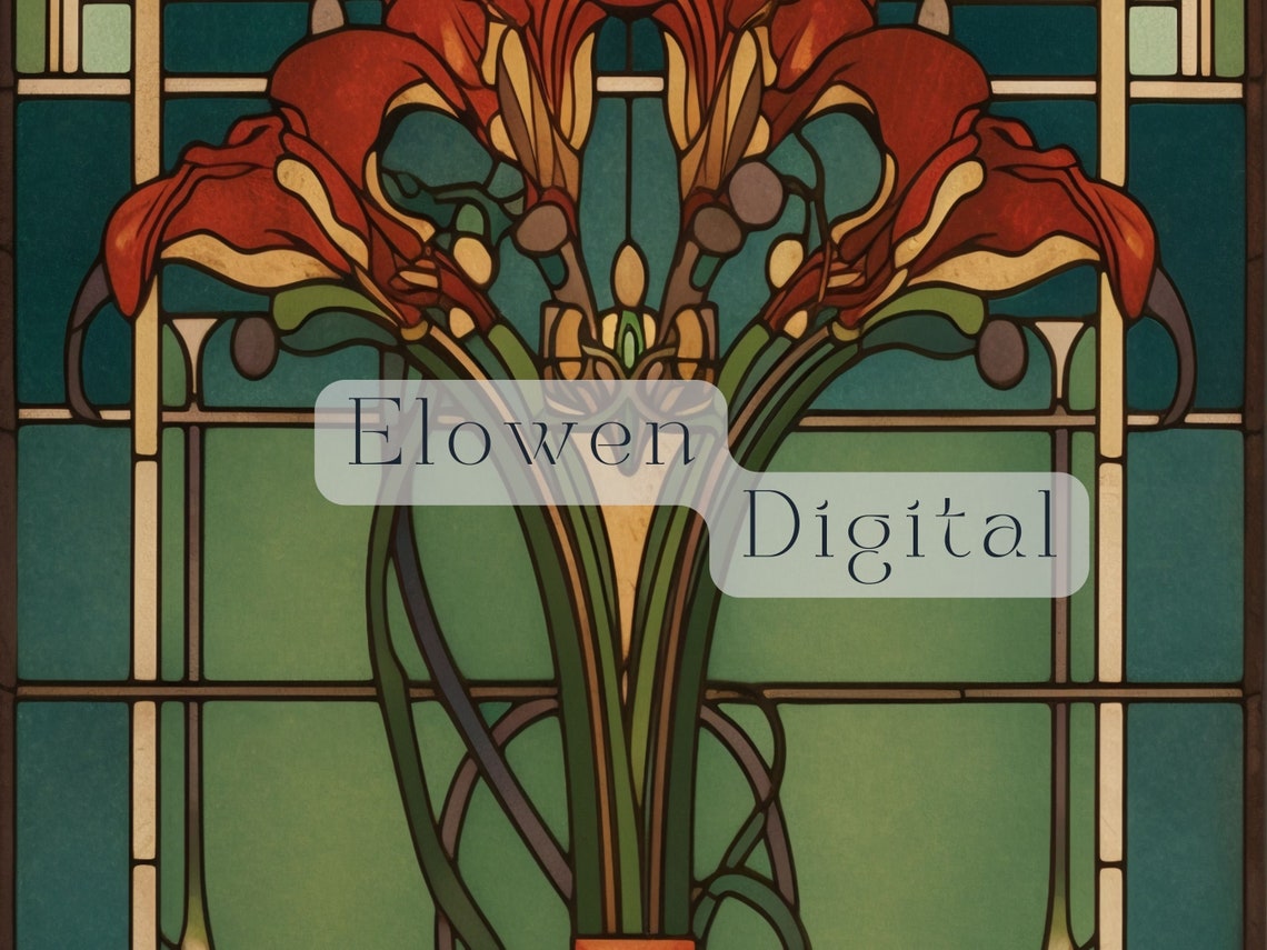 Art Deco Red Lilies in Stained-Glass Style Botanical Window Poster - Image 3