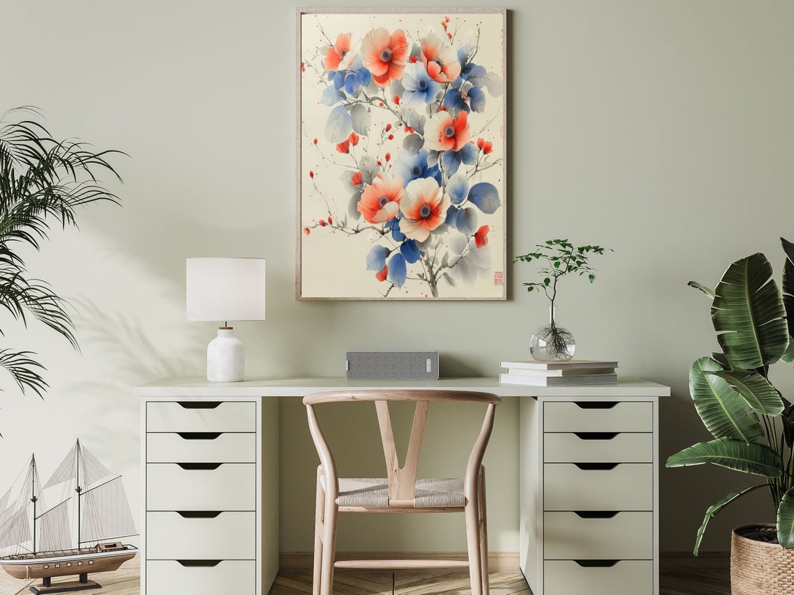 Japanese Ink Wash Red And Blue Blossoms Botanical Style Wall Art - Image 2