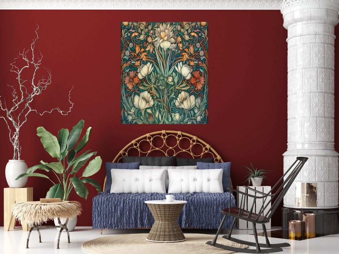 Indigo Botanical Art With White And Coral Flowers Pattern Poster - Image 4