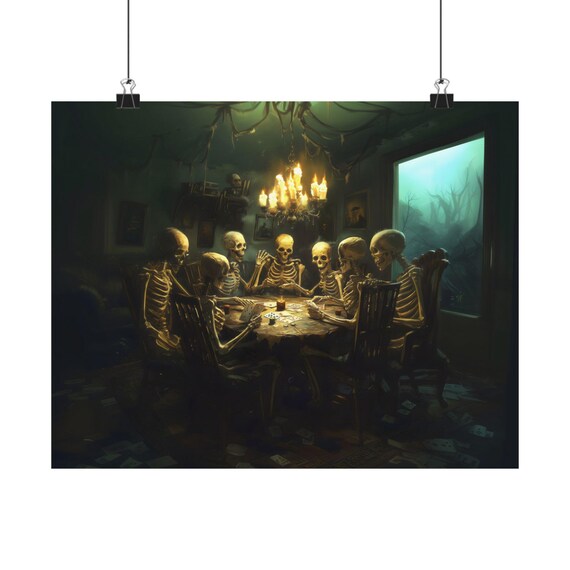 Skeleton Poker Game in Haunted Tavern Night Halloween Poster