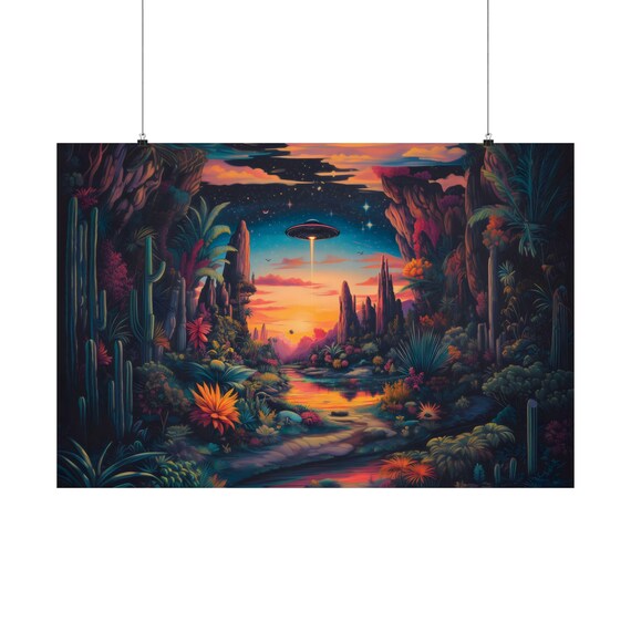 Psychedelic Ufo Desert Poster Print Weird Ufo Landscape Modern Painting Fantasy Nature Rustic Wall Print Airbnb Art Wall Decor