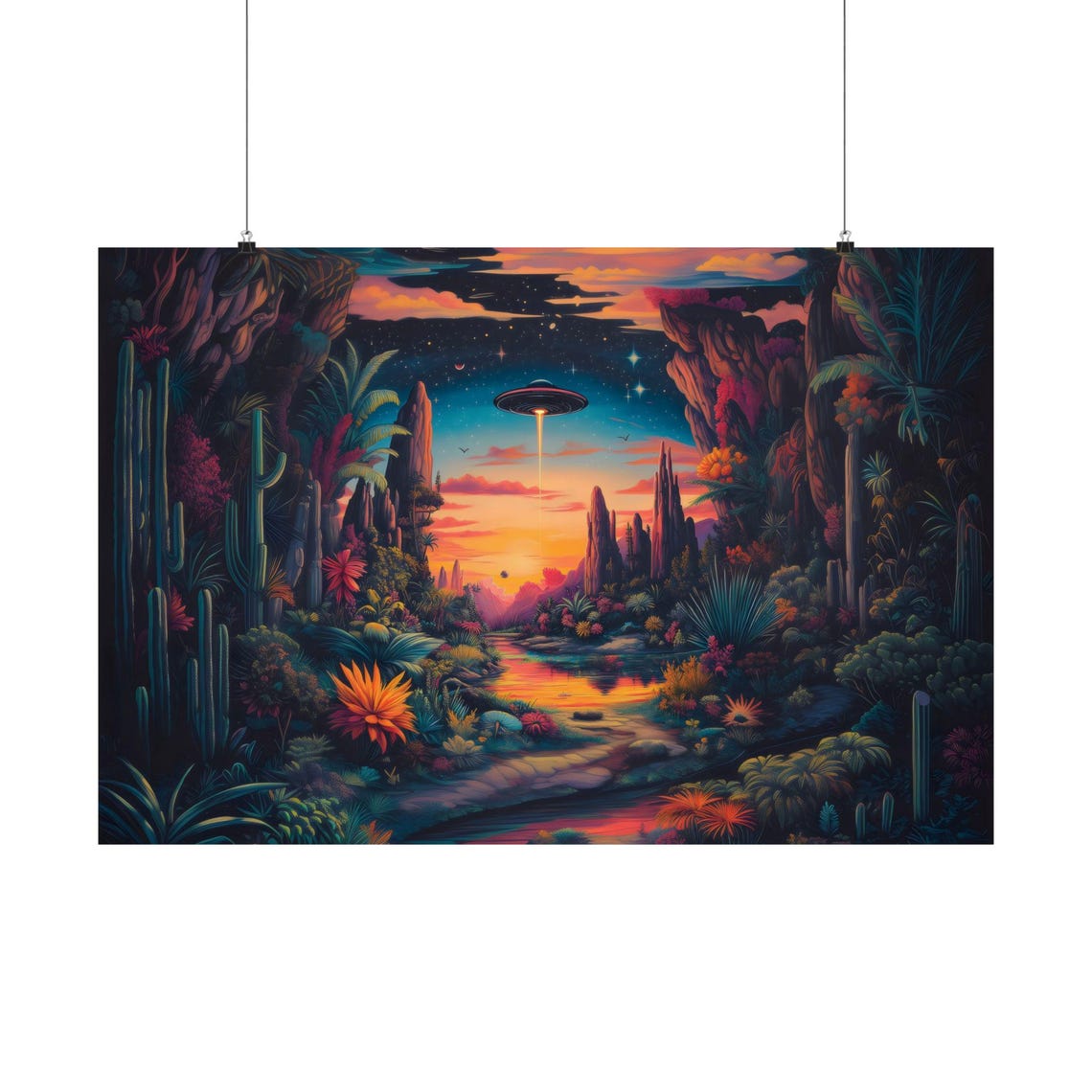 Glowing UFO Above Vibrant Desert Canyon Sunset With Cacti Poster