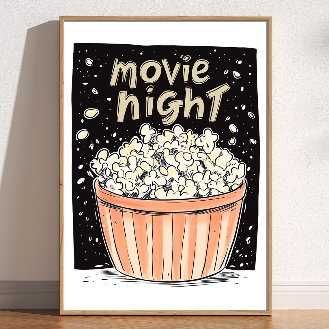 Movie Night Popcorn Bucket Fun Hand Drawn Home Cinema Poster
