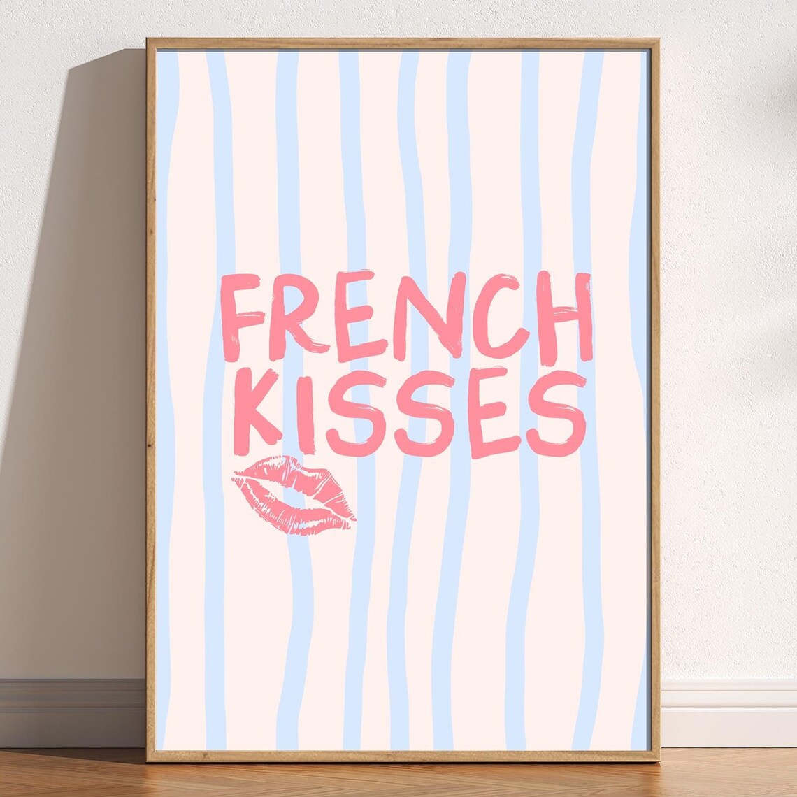 French Kisses Lipstick Kiss Mark Striped Pink Retro Wall Poster