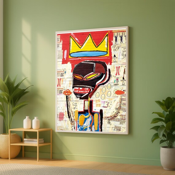 Jeanmichel Basquiat Wall Art Abstract Crowned Figure Canvas Modern Urban Graffiti Style Artwork Bold Colorful Decor