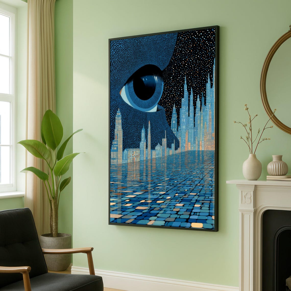 Surreal Giant Blue Eye Night City Skyline Dotwork Art Poster