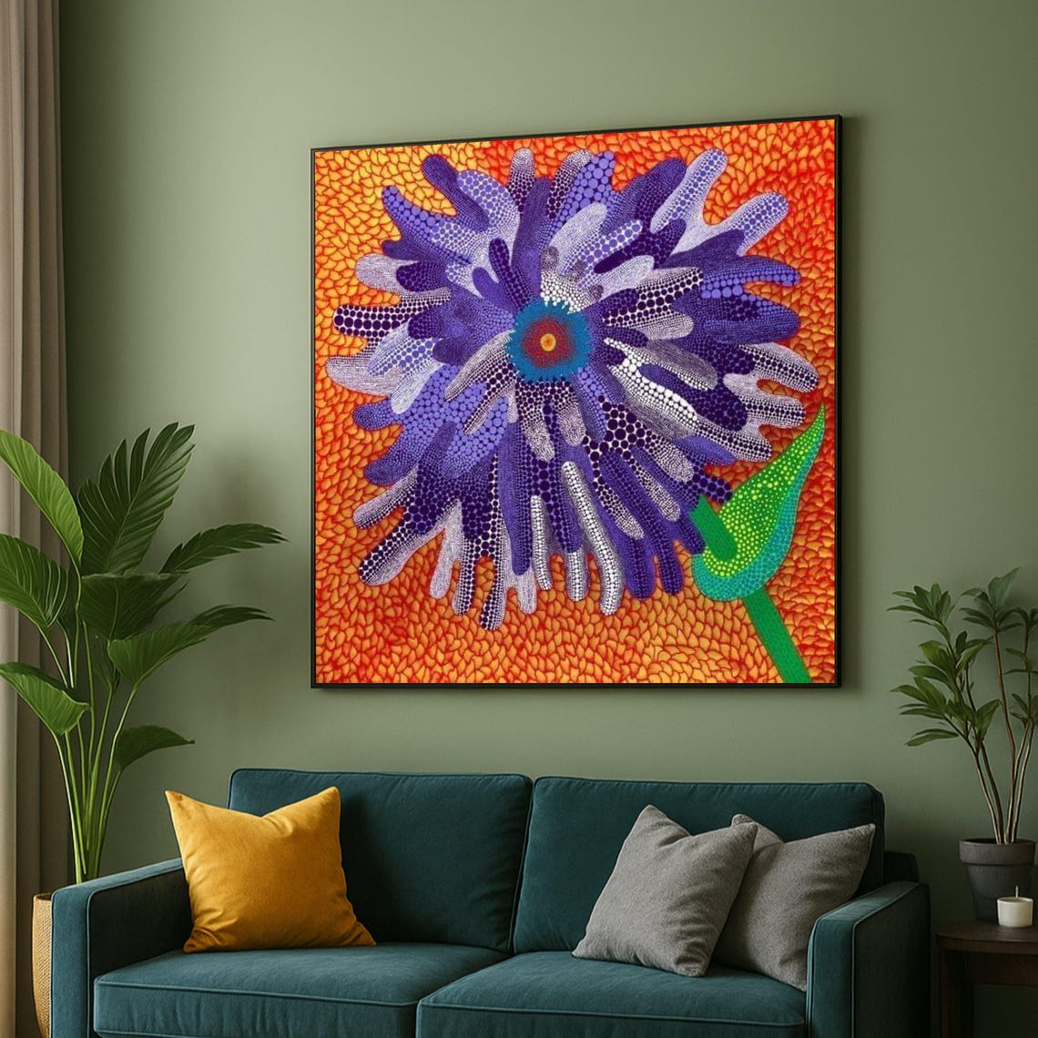 Purple Dotted Flower Poster on Orange Net Background Pop Art Style