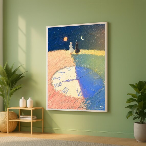 Surreal Day And Night Clock Moon Sun Dreamy Landscape Art Poster