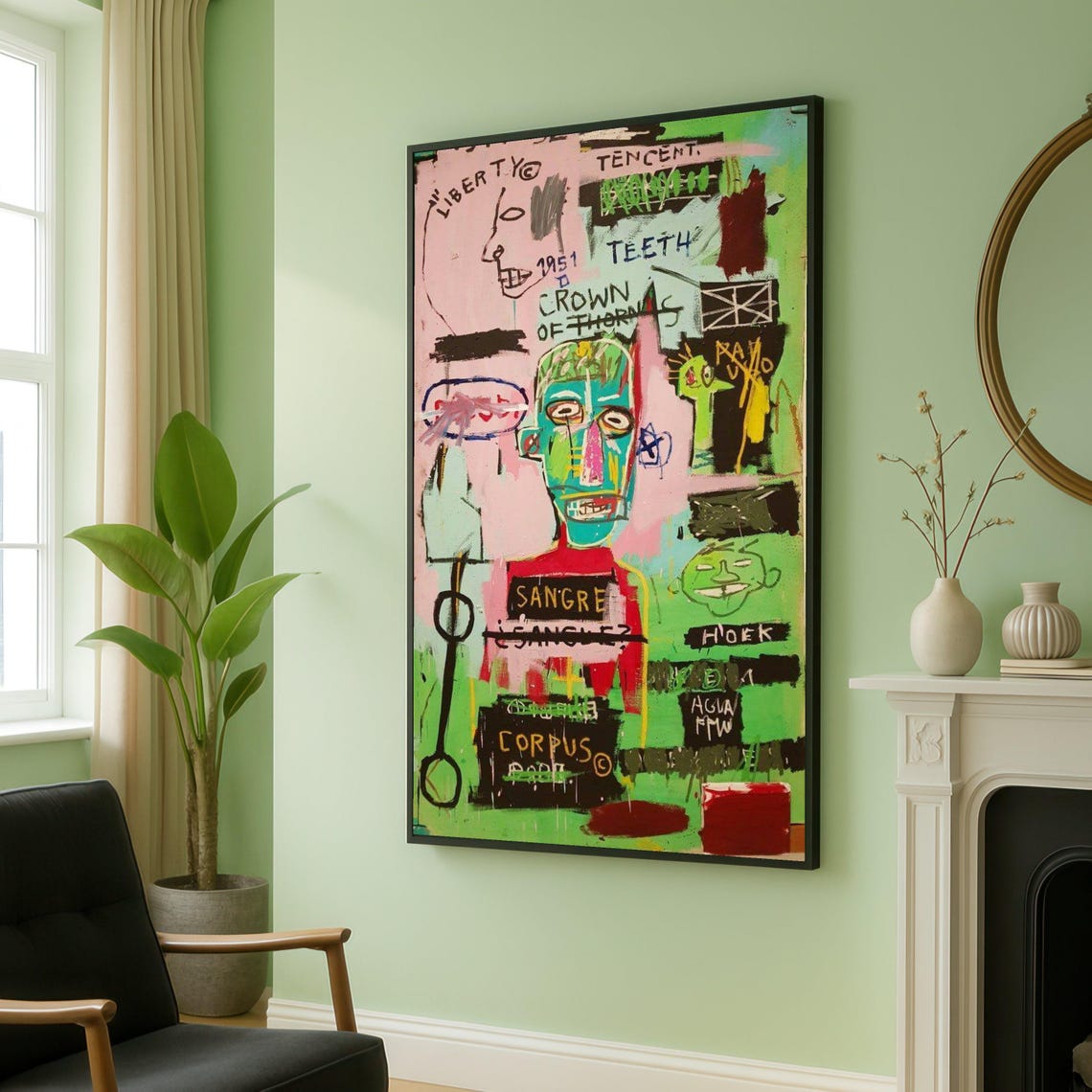 Basquiat Style Graffiti Crowned Figure Abstract Canvas Poster