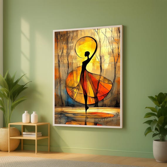 Abstract Ballerina Silhouette Canvas Modern Dance Art Orange And Yellow Wall Decor Contemporary Figure Painting Home Living Room