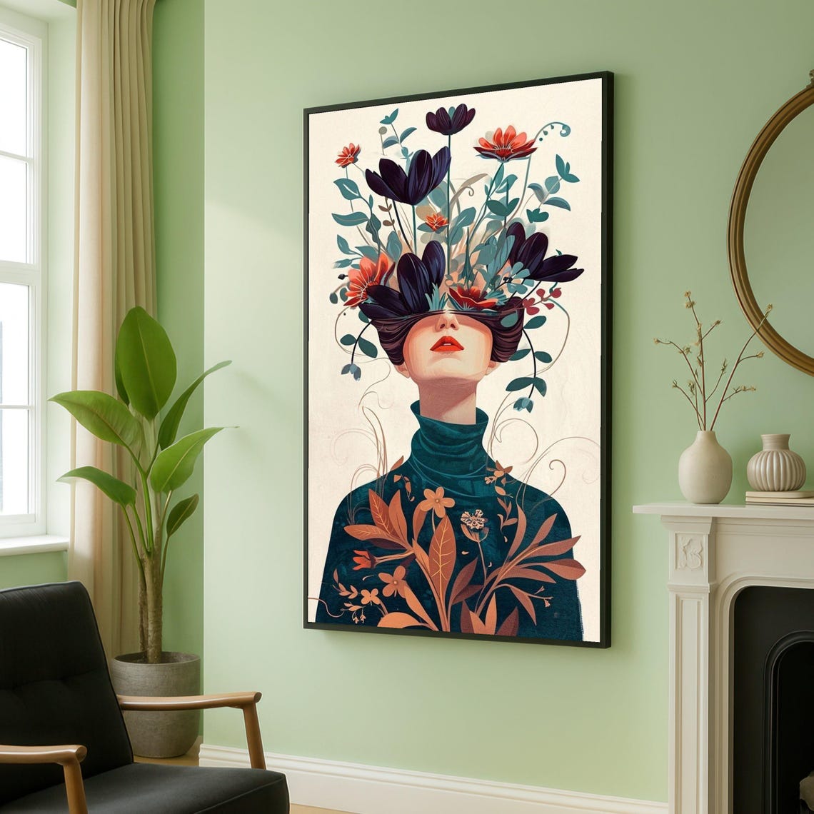 Floral Woman Portrait Navy Blossoms Surreal Botanical Wall Art