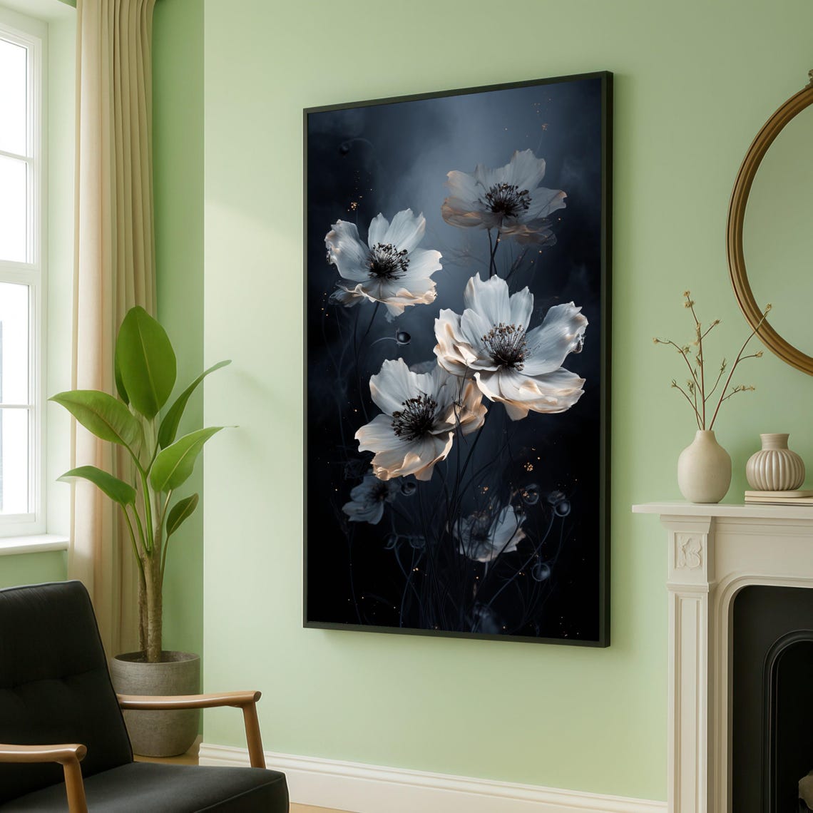 Ethereal White Flowers On Dark Background Botanical Art Poster