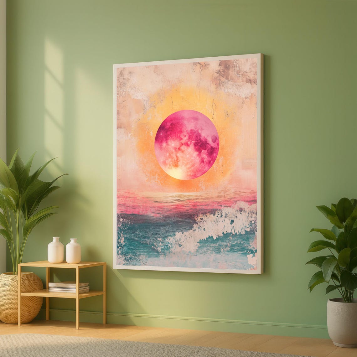 Pink Moon Over Ocean Waves Colorful Sunset Coastal Art Poster