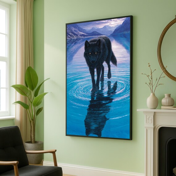 Majestic Black Wolf Canvas Wilderness Animal Wall Art Reflective Water Scene Nature Wildlife Blue Landscape Decor Ready To Hang