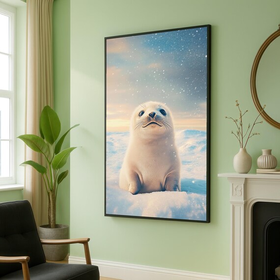 Adorable Baby Seal in Arctic Snow Under a Pastel Winter Sky Poster