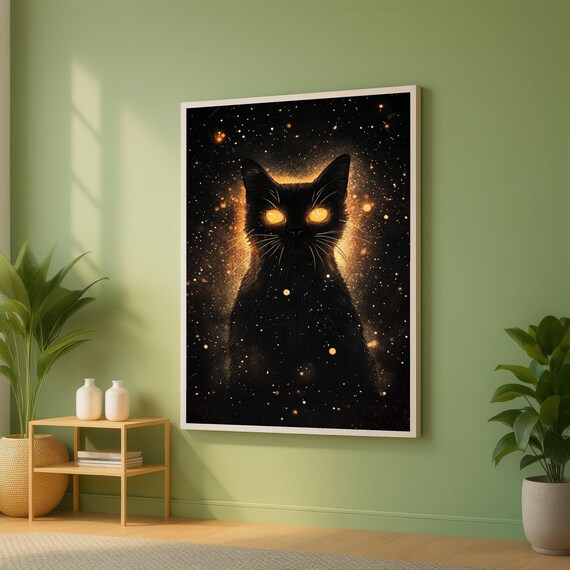 Mystic Black Cat Canvas Wall Art Glowing Eyes Illustration Cosmic Animal Painting Fantasy Home Decor Magical Night