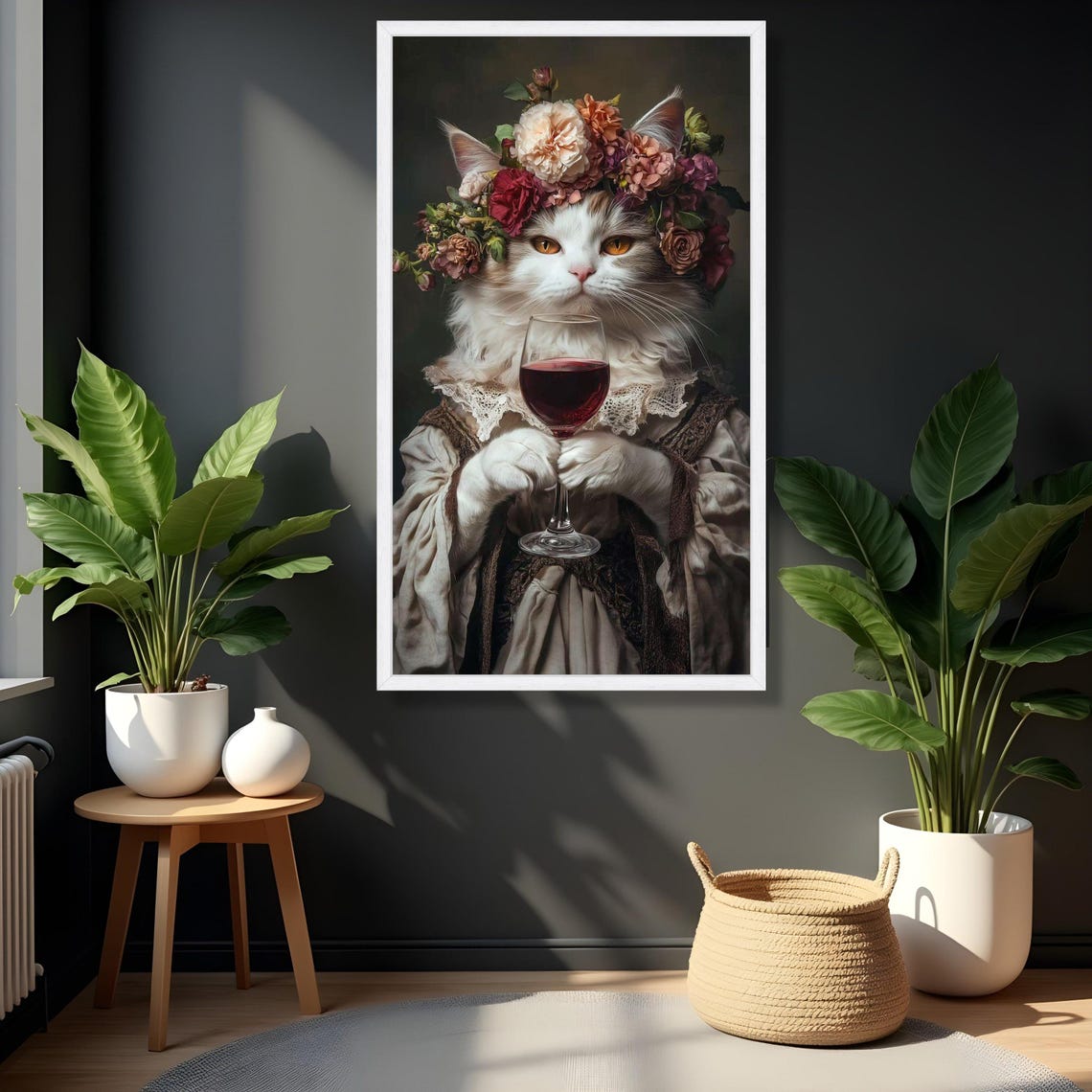 Regal Cat Floral Crown Wine Glass Vintage Whimsical Wall Poster