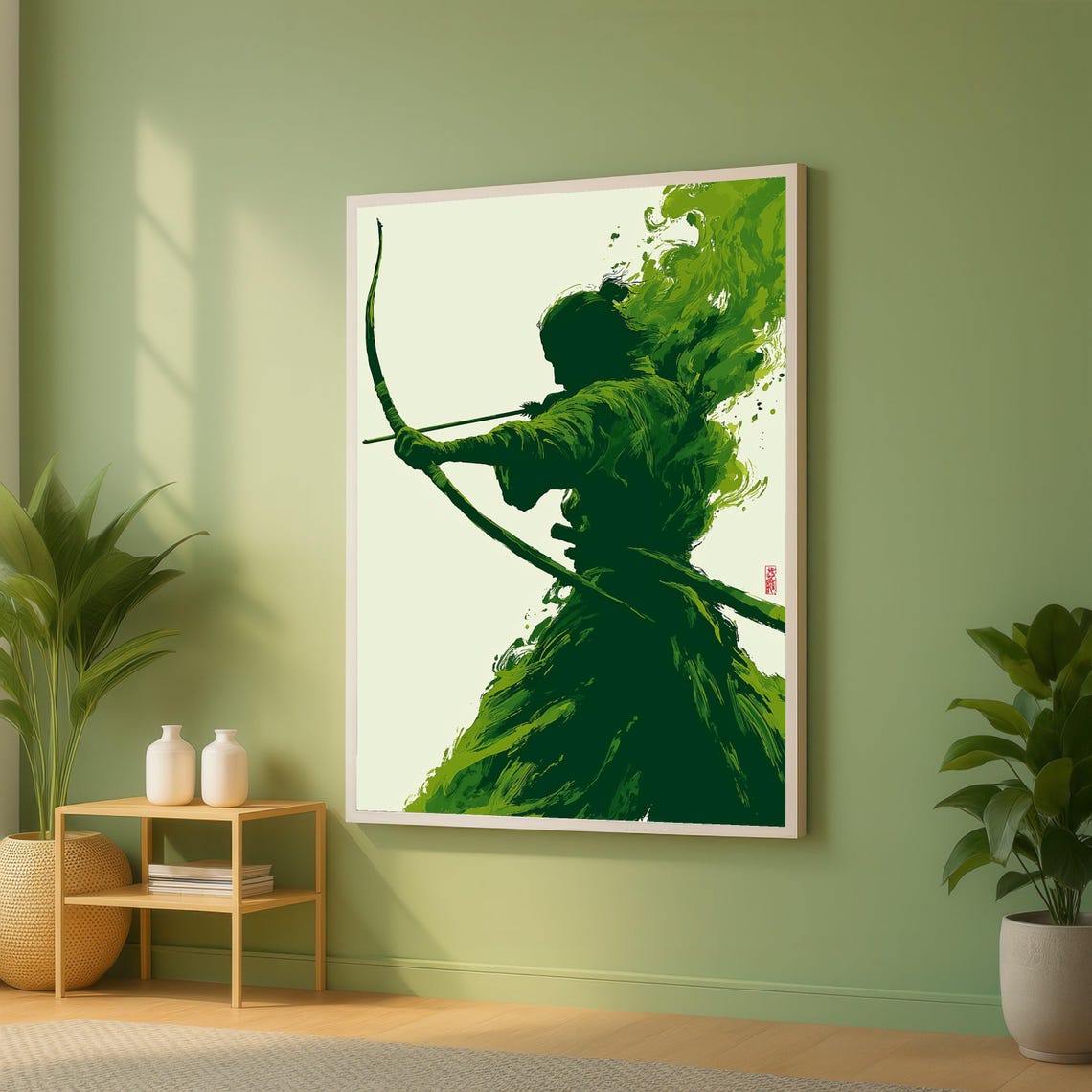 Green Ink Samurai Archer Silhouette Japanese Bow Warrior Art Poster