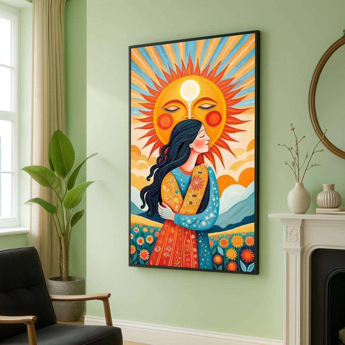 Embrace Of Sun And Soul Canvas Bohemian Woman With Radiant Floral Dress Wall Art Vibrant Spiritual Home Decor Ready To Hang