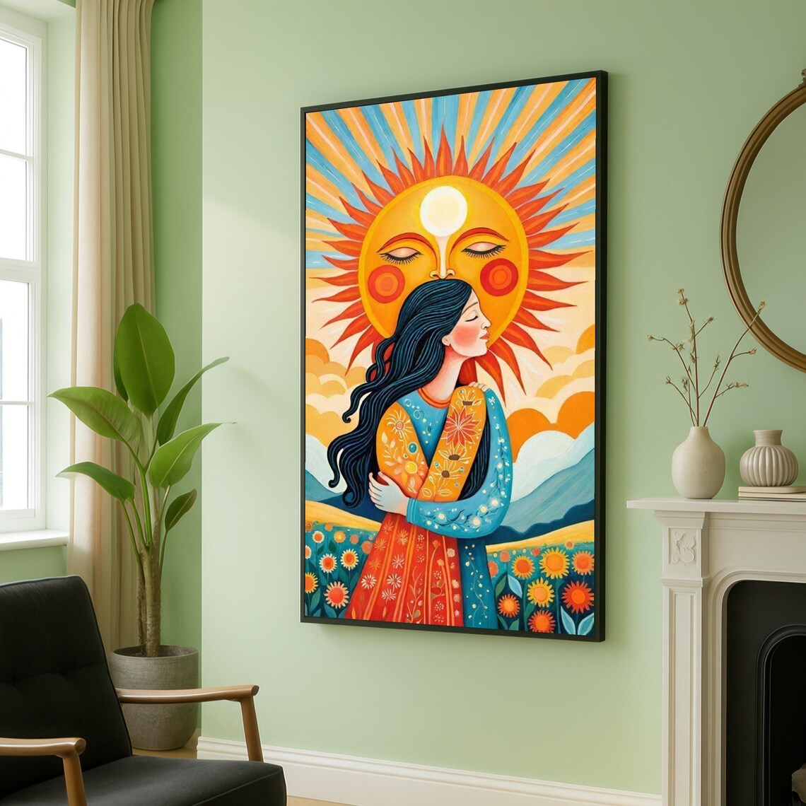 Sun Goddess Embrace Bohemian Woman In Floral Dress Spiritual Poster