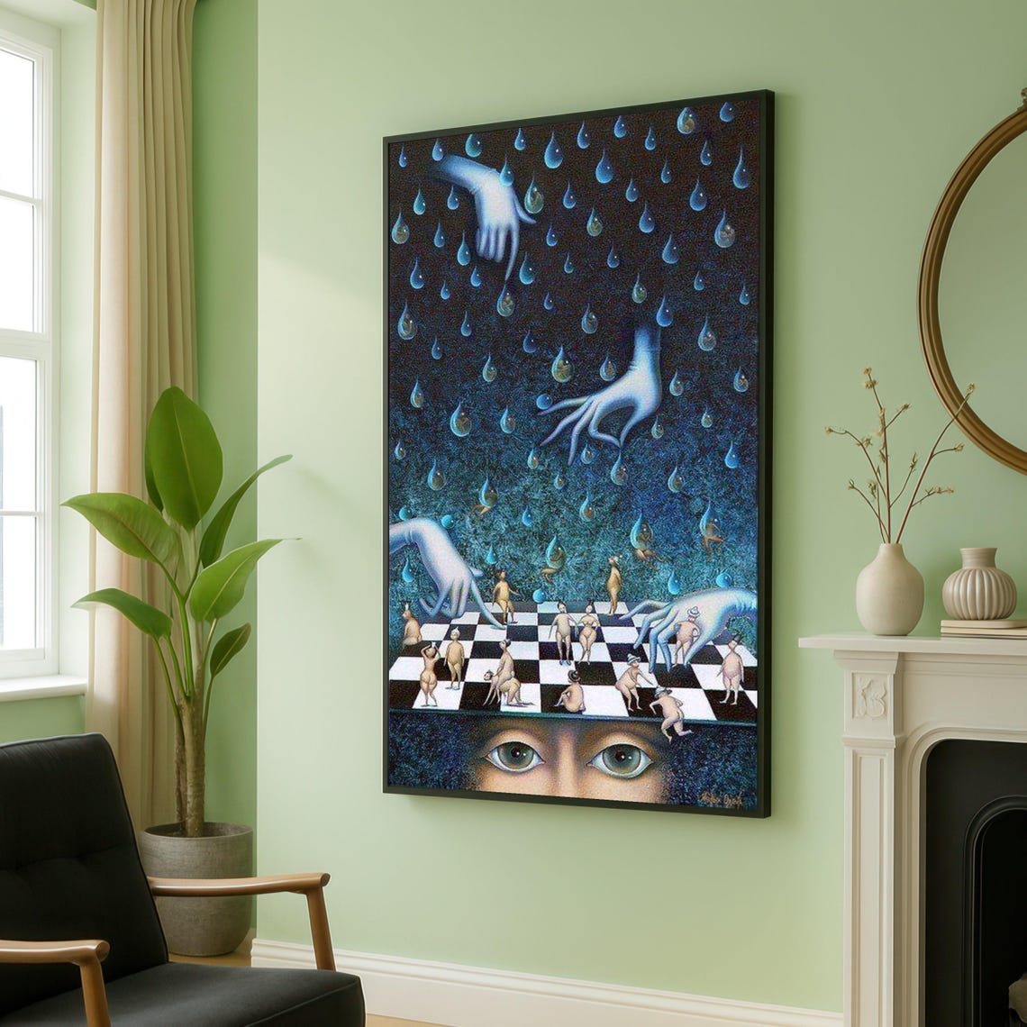 Surreal Chessboard Giant Hands Raindrops Dreamlike Fantasy Poster