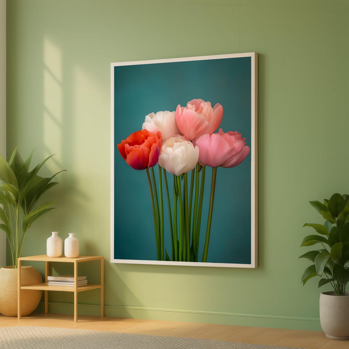 Elegant Pink Red White Tulip Bouquet Teal Background Floral Poster