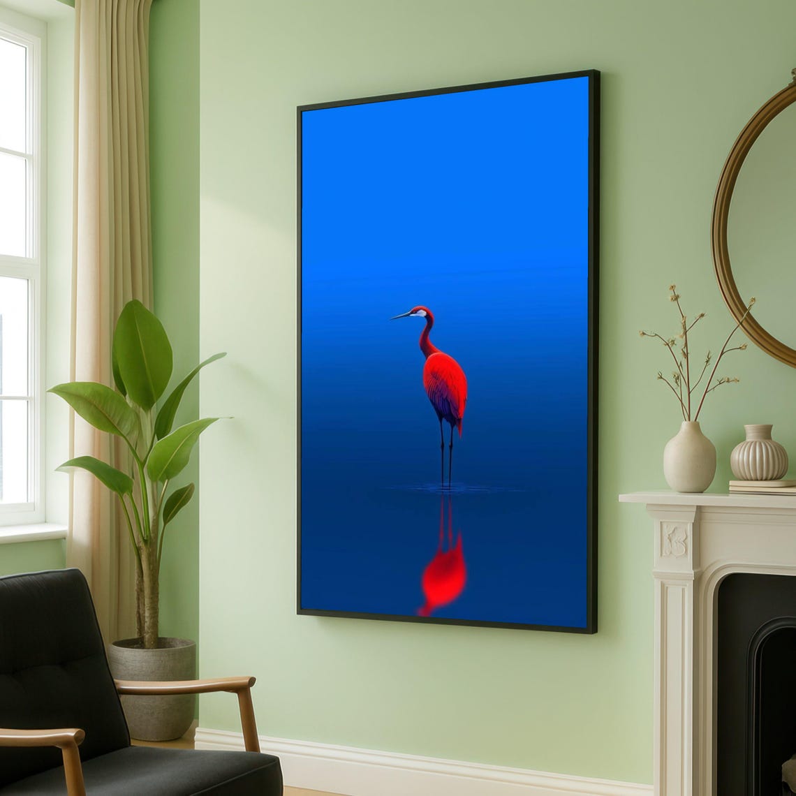 Vibrant Red Heron Standing On Blue Water Minimalist Wildlife Poster