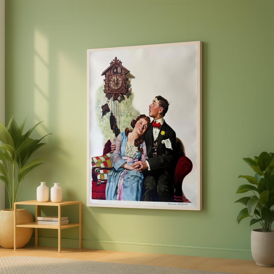 Norman Rockwell Midnight Romance Cuckoo Clock Vintage Art Print