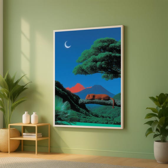 Tranquil Leopard Resting On Tree Branch Crescent Moon Night Canvas Jungle Landscape Wall Art Exotic Wildlife Decor Nature Print