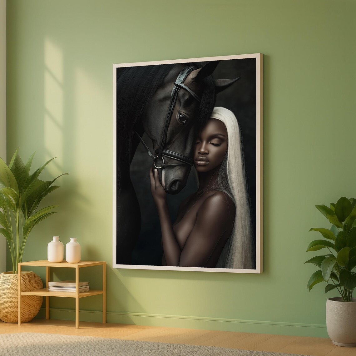 Woman With Black Horse Dark Moody Portrait Emotional Art Print