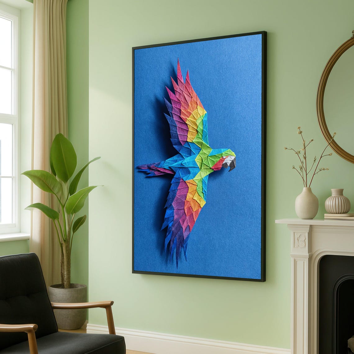 Vibrant Origami Parrot Rainbow Geometric Tropical Bird Poster